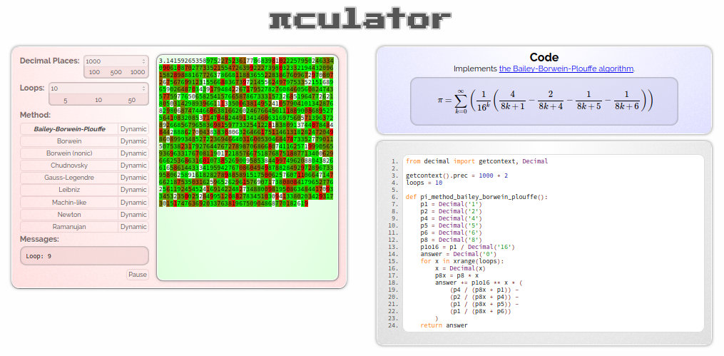 Screenshot of Piculator website, showing parameters, algorithm, and pi approximation output.